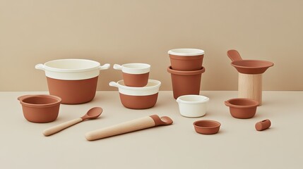 A set of baking essentials, including mixing bowls, wooden spoons, and a rolling pin.