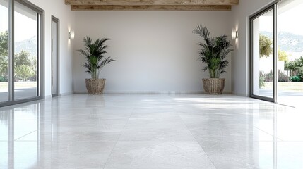 Fototapeta premium Modern villa interior, empty room, large windows, plants, outdoor view, home design