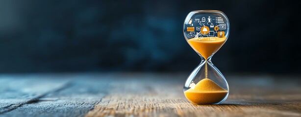 Hourglass with flowing sand on wooden surface.