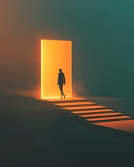 A silhouette walking through a glowing doorway.