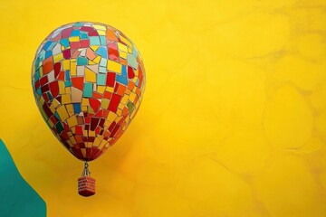Mosaic hot air balloon decorates a vibrant yellow textured wall