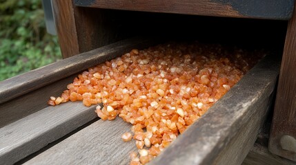 Amber Granules on Rustic Wooden Conveyor Belt