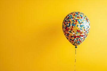 Colorful mosaic balloon floats against a vibrant yellow background