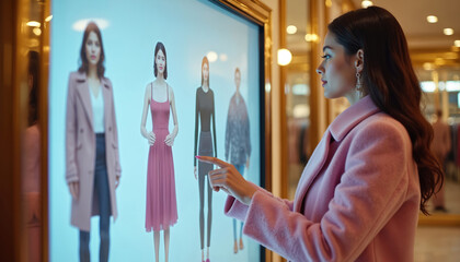 Young woman in pink coat interacts with interactive fashion display. Browses clothing items on touch screen. Digital display shows virtual clothing. Luxury retail environment. Modern shopping