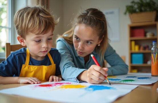 Young female teacher helps boy with Down syndrome to color painting in classroom. Work together on creative activity. Happy, engaged. Learning, development of children with special needs. Indoor