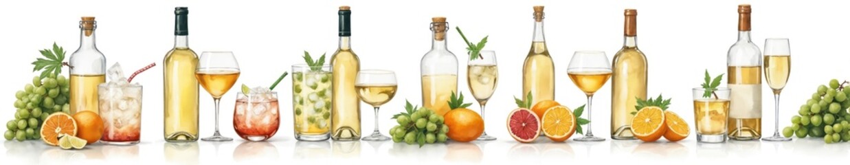 Colorful watercolor illustration shows various cocktails, drinks. Different beverages presented with bottles, glasses. Fruits like oranges, grapes strategically placed around drinks. White background