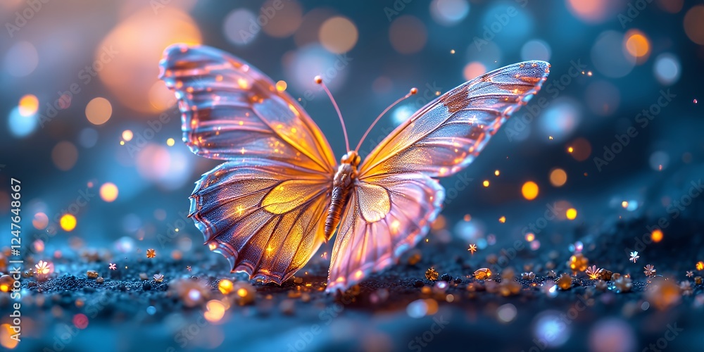 Poster enthralling vivid butterfly resting on a soft surface with bokeh background and sparkling highlights