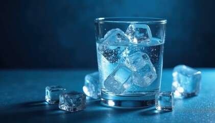 Close-up of an icy glass with water and floating ice cubes on a dark blue surface, glass, liquid