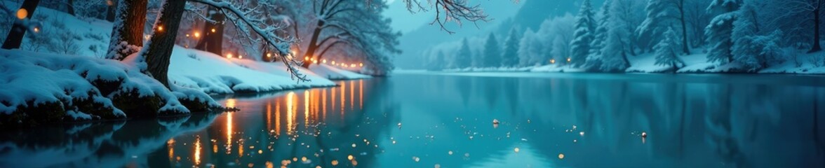 Twinkling tree lights reflect on turquoise waters, soft bokeh, winter, blue