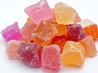 Colorful Pile of Fruit Jelly Candy Coated with Sugar Crystals on White