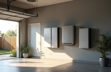 Modern home garage interior displays eco-friendly alternative energy storage system for backup power. Stylish wall mounted battery, solar panel tech installation showcased. Sunlight illuminates empty