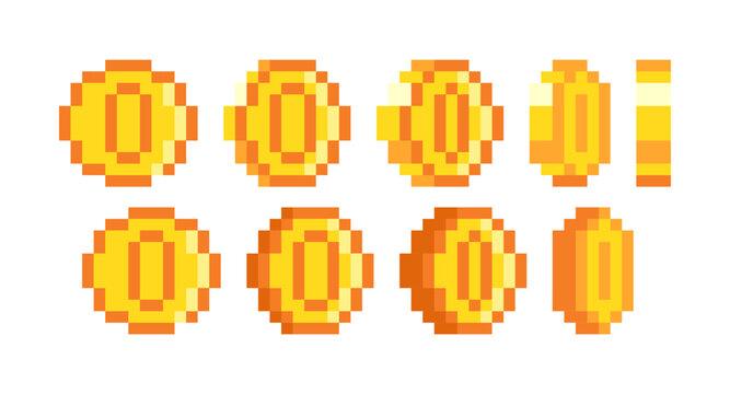 Set of pixel coins collection,pixel gold coin for 8-bit retro video game. Golden dollar cent 360 spinning animation loop frames, Round shiny vintage metal money, retro 8 bit game coins asset.