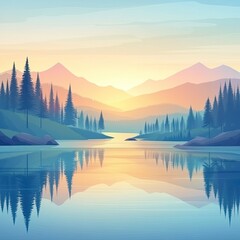 Fototapeta premium Serene sunrise over calm lake reflecting mountains and pine trees.