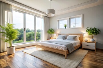 Fototapeta premium Luxurious white bedding adorns a large bed in this bright, minimalist bedroom, offering a spacious and comfortable retreat with natural light.