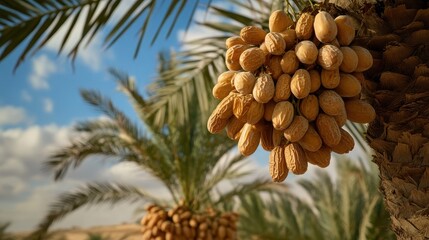 Harvested Dried Dates Hanging from a Tree Branch Against a Bright Blue Sky