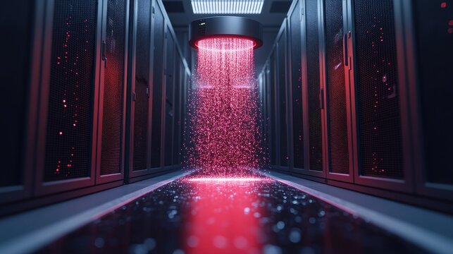 Data stream flows in server room corridor