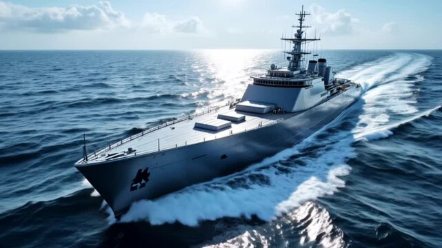Sleek military ship cruising vast ocean with advanced technology. Defense concept