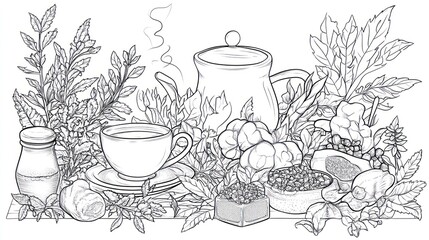 Herbal tea preparation, kitchen setting, steaming beverage, health benefits, recipe illustration