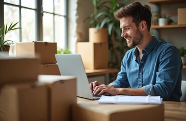Obraz premium Young man works online, happy, focused. Online seller, packing boxes for dispatch to clients. Uses laptop at home. Checks orders, manages shipments, communicates with customers. Work style modern,