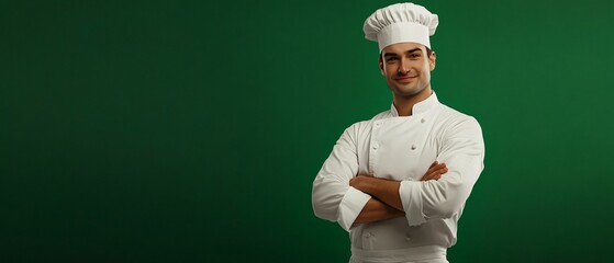 Naklejka premium Confident Male Chef Smiling in Modern Commercial Kitchen Workspace Culinary Professional Cooking Dining Food Restauration Occupation Concept