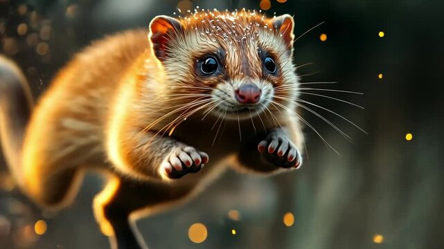 Leaping weasel: A playful weasel with reddish-brown fur leaps through the air, surrounded by shimmering golden bokeh.