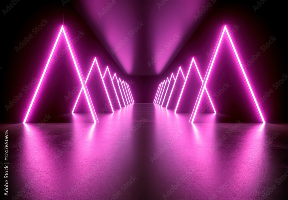 Poster dark room with symmetrical neon pink triangle lights, creating a futuristic tunnel effect on a wet f