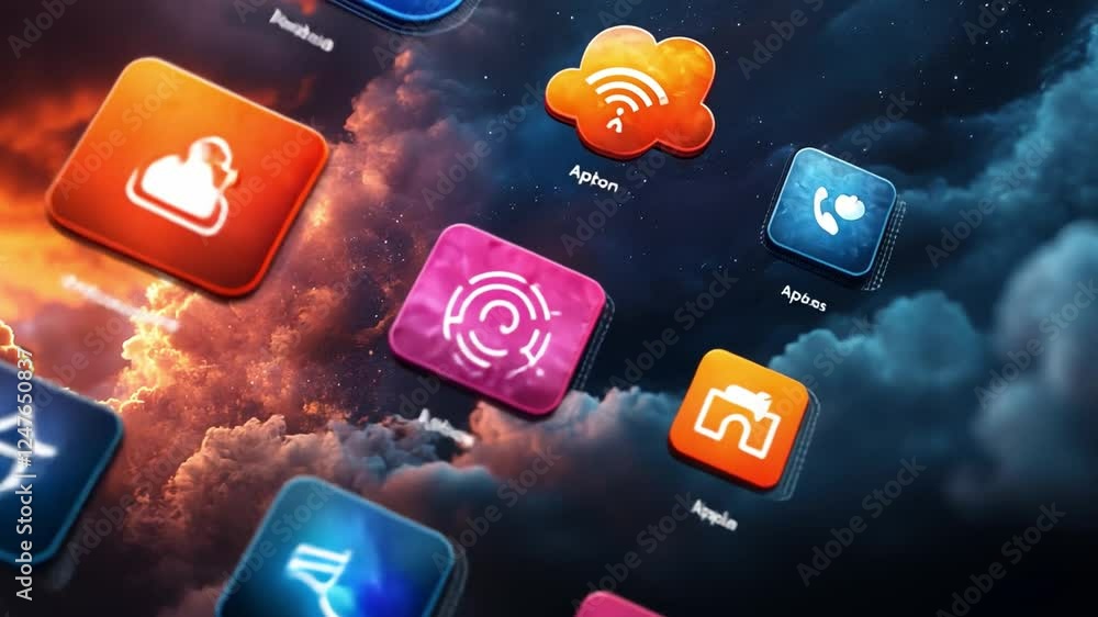 Poster digital clouds: a captivating digital display showcases colorful, stylized icons floating amidst a s