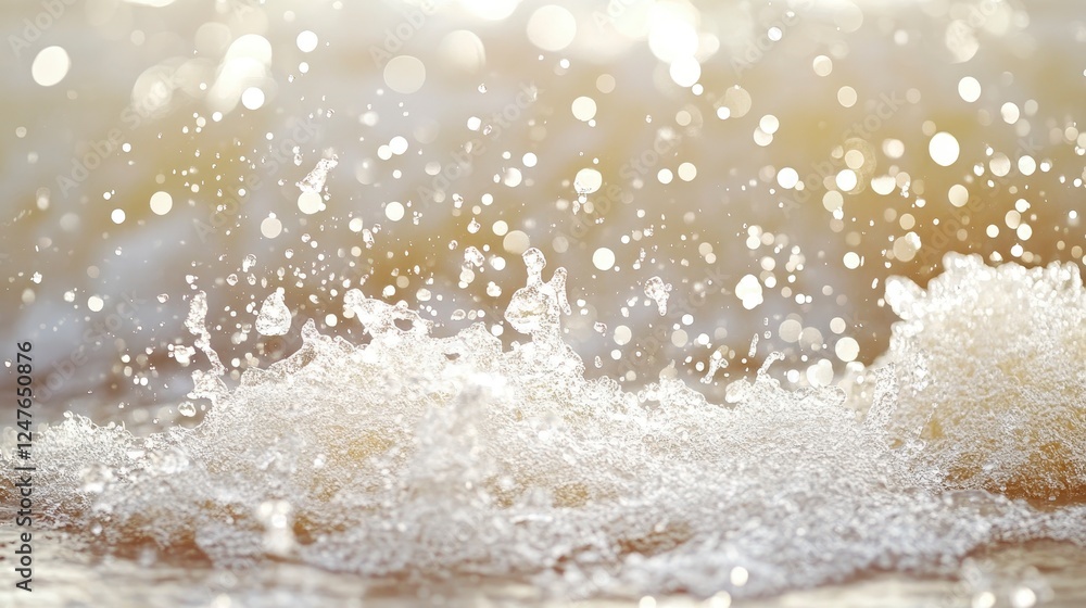 Poster close up view of splashing water, soft beige tones, bright light reflecting on water droplets, creat