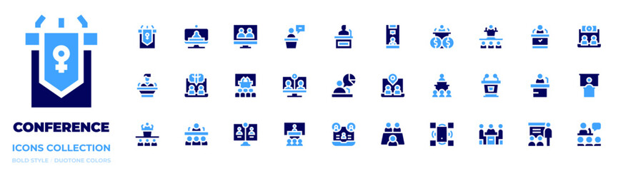 Conference icon collection. Bold style. Duotone colors. conference, virtualevent, presentation, speech, politician, onlinemeeting, politics, webinar, mobilephone
