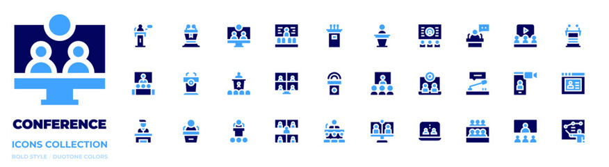 Conference icon collection. Bold style. Duotone colors. videocalling, conferenceroom, onlineconference, conference, videocall, politics, speech, meeting, podium, lectern