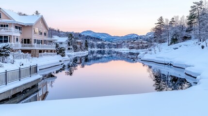 Fototapeta premium Winter sunrise over snowy lake and houses