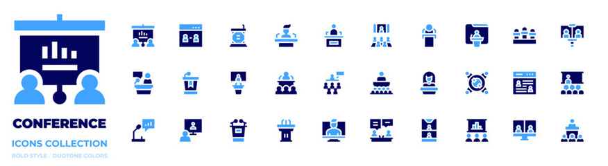Conference icon collection. Bold style. Duotone colors. virtualmeeting, conference, pressconference, assembly, politics, presentation, lecture, screen, speech