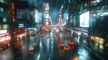 Fototapeta premium rainy night cityscape traffic lights reflections wet streets