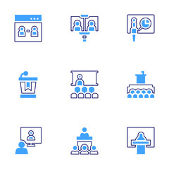 Conference icon set. Bold line style. Duotone colors. Editable stroke. conference, meetingroom, onlineconference, videocall, seminar, introduction