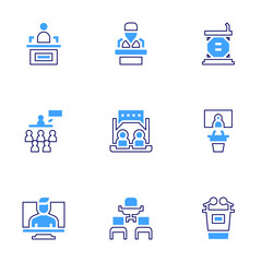 Conference icon set. Bold line style. Duotone colors. Editable stroke. pressconference, assembly, videocall, conference, politics, onlinechat, meeting, speech