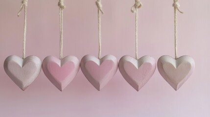 five pink wooden hanging hearts on pink background