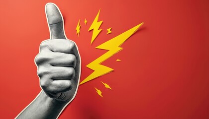 Creative art collage features female hand giving thumbs-up gesture against vibrant red background. Graphic yellow lightning bolts add dynamic element. Hand stylized with monochrome look. Design