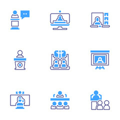 Conference icon set. Bold line style. Duotone colors. Editable stroke. speech, conference, onlineconference, virtualmeeting, virtualevent, publicspeaking, videoconference, webinar