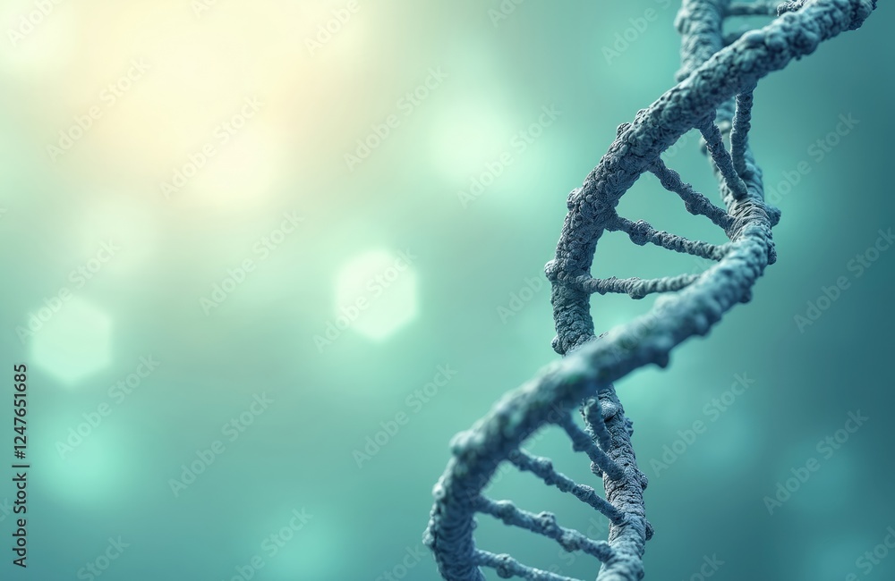 Poster abstract dna helix twists against soft teal, light green background with hexagon bokeh. molecular st