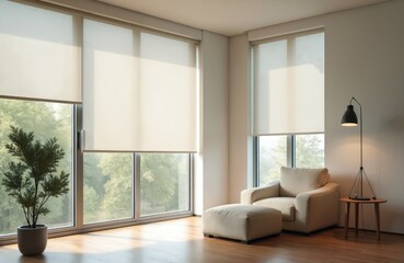 Fototapeta premium Modern room with automated interior roller blinds. Large windows offer view of green plants. Comfortable light beige armchair, ottoman sit near window. Stylish simple design. Perfect for modern tech