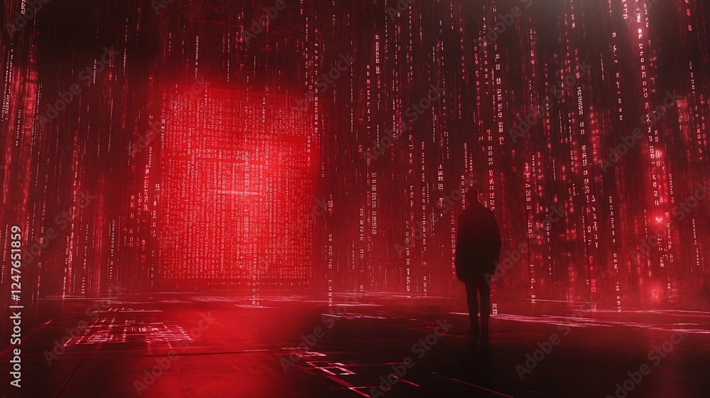 Poster a person stands amidst a red digital matrix with falling code and dim lighting