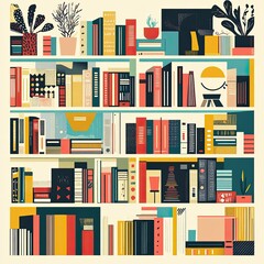 Colorful illustration of a full bookshelf with various books, plants, and decorative items.