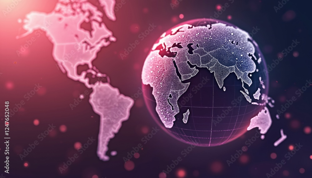 Poster digital illustration of earth globe with highlighted continents. modern design with connected lines 