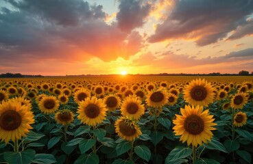 Fototapeta premium Vast sunflower field stretches under vibrant sunset. Sunflowers face setting sun. Rich golden light bathes landscape. Natural colors blend seamlessly. Peaceful, idyllic scene. Inspiring image for