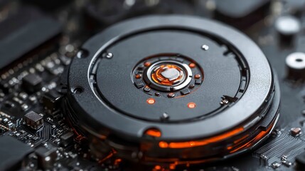 Close up of a Dark Circular Tech Component with Orange Accents