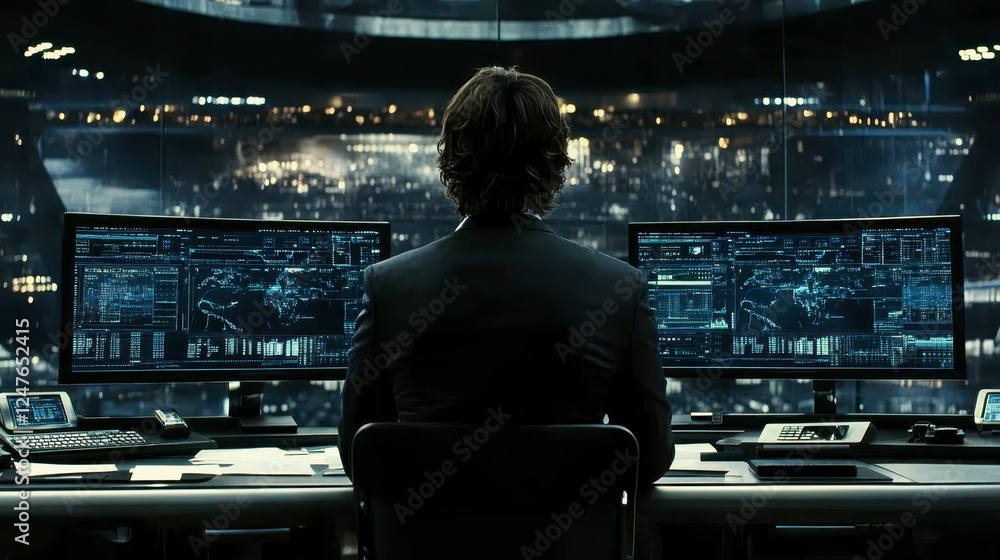 Poster dark interior, a person in business attire seated at a control station with multiple computer screen