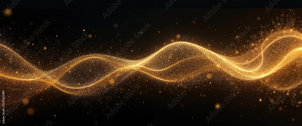 Poster abstract futuristic background features wavy lines of shimmering gold dust particles against black b