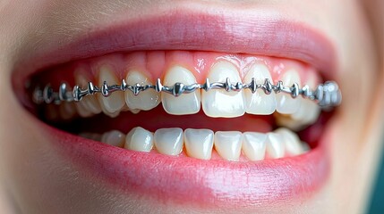 Obraz premium Close-up view of a person's smile with metal braces, showcasing dental health and orthodontic treatment. Perfect smile, healthy teeth, and gums.