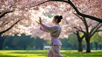 Harmony in Motion: A woman practices Tai Chi under a canopy of blooming cherry blossom trees. The tranquil scene captures the essence of mindfulness and the beauty of spring. - Powered by Adobe