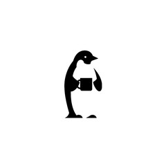 Minimalist Illustration of a Penguin Holding a Coffee Mug on White Background